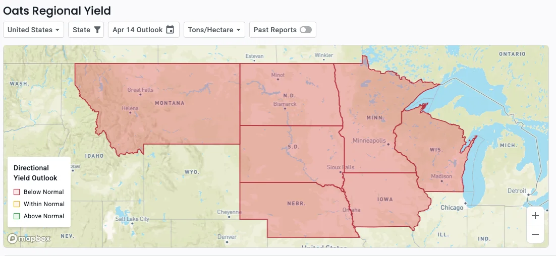 Map of US showing a below average yield season for oats.